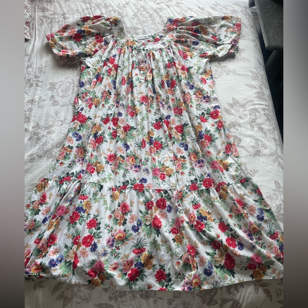 Jennifer Moore White Multicolor Floral Cotton Maxi Dress Large Cottagecore Boho